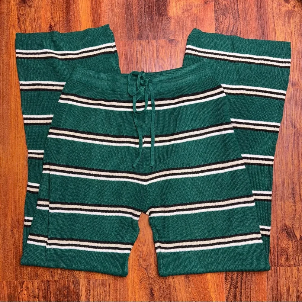 Striped Green Women's Comfort Lounge Wide Leg Pants - Picture 3 of 6